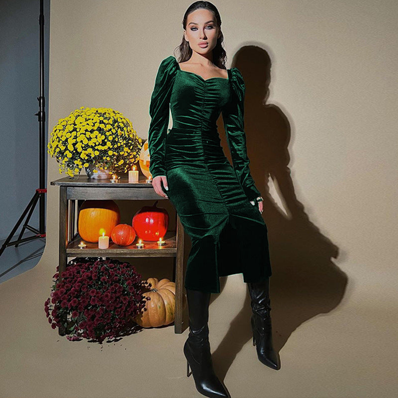 Women's pleated slim fit green velvet mid-length dress with long sleeves and slit