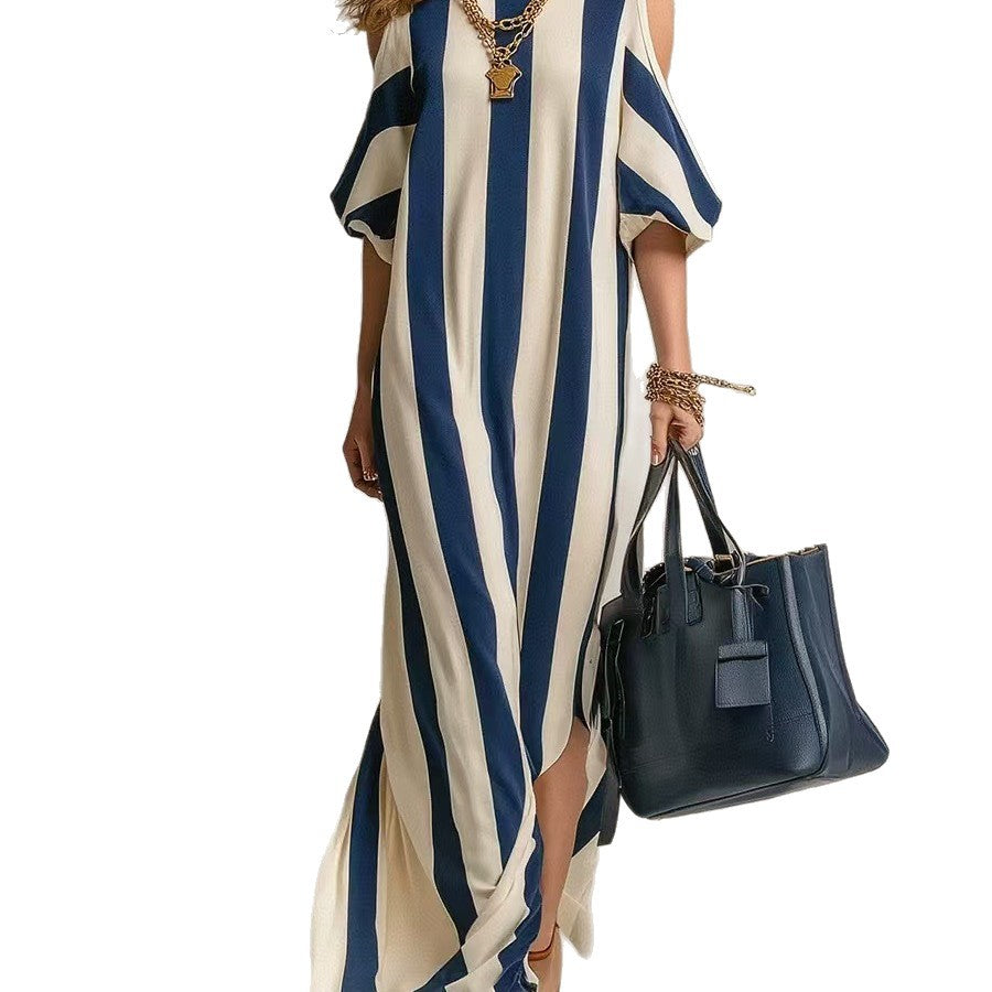 Off-Shoulder Color-Block Stylish Striped Long Split Casual Dress