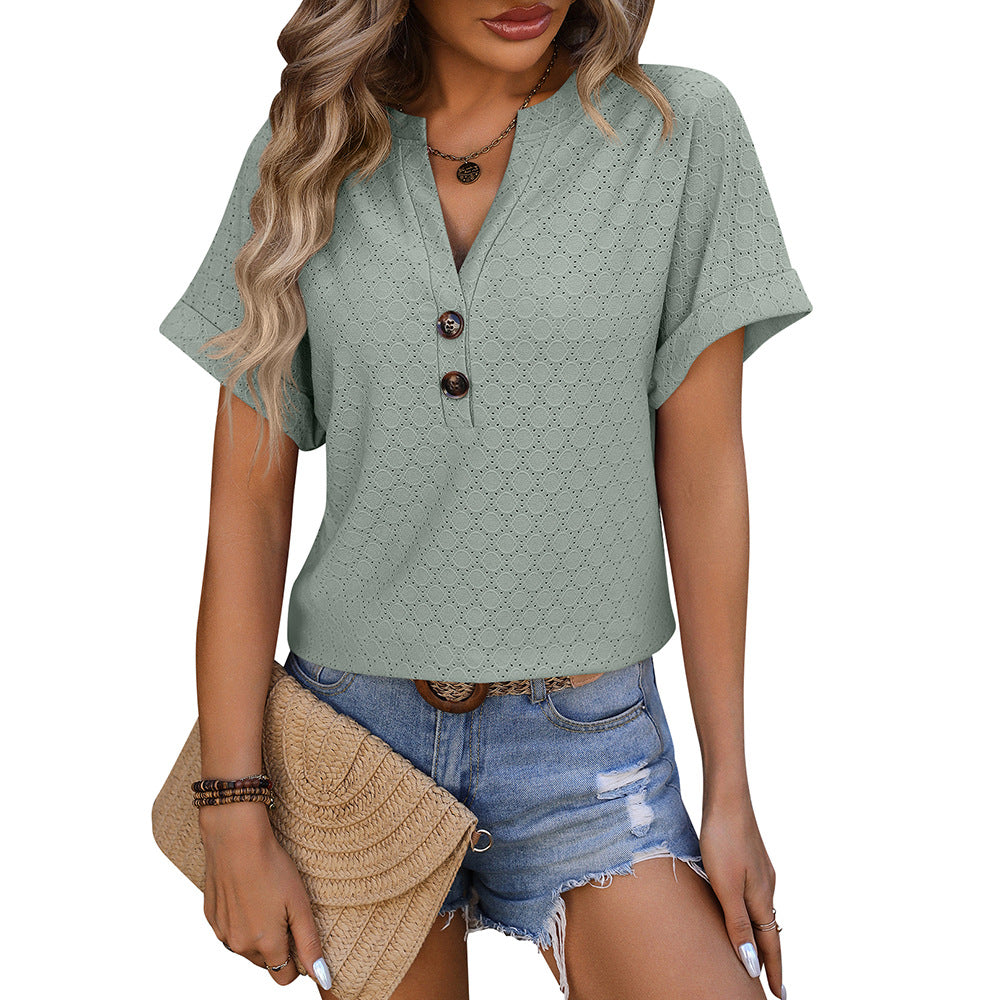 Womens Short Sleeve V-Neck Top with Buttons in 6 Colors S-XXL - Wazzi's Wear