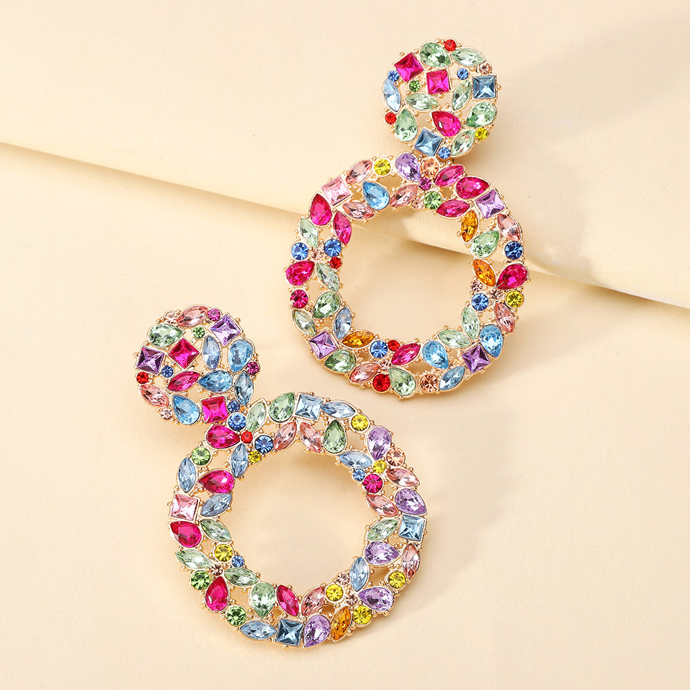 Luxury Elegant Two Tier Full Rhinestone Hollow Circle Statement Dangle Earrings For Women Party Prom Wedding Evening Daily Wear