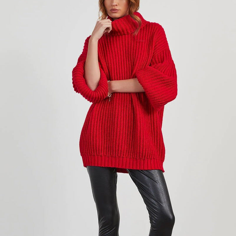 Solid Color Turtleneck Long Sleeve Loose Dress Sweater
