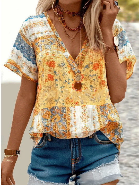 Women's Boho V-Neck Short Sleeve Top