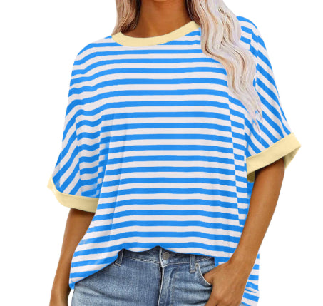 Striped Crewneck Trendy Short-sleeve Color-block Pullover