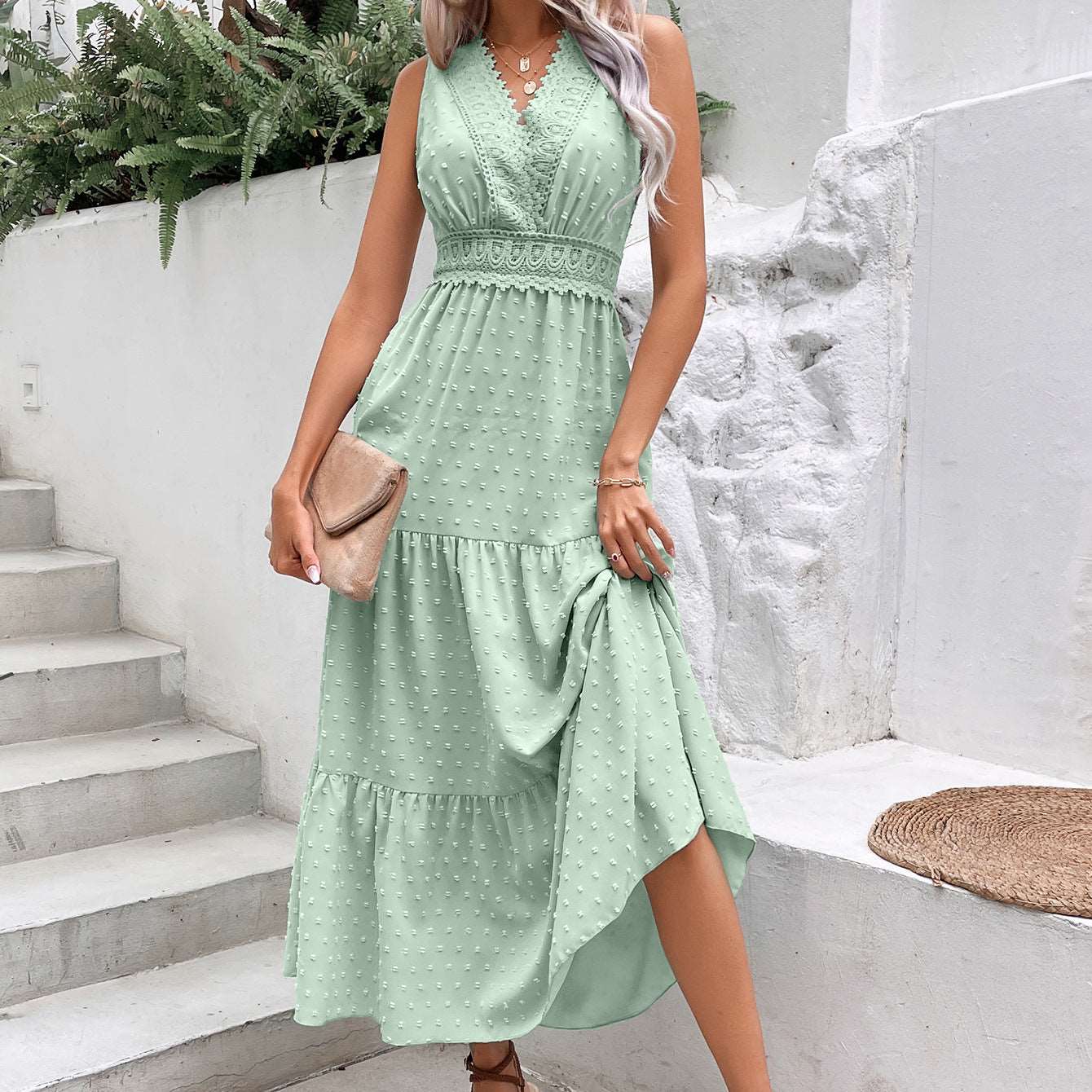 Women's V-Neck Dotted Sleeveless Maxi Dress with Open Back