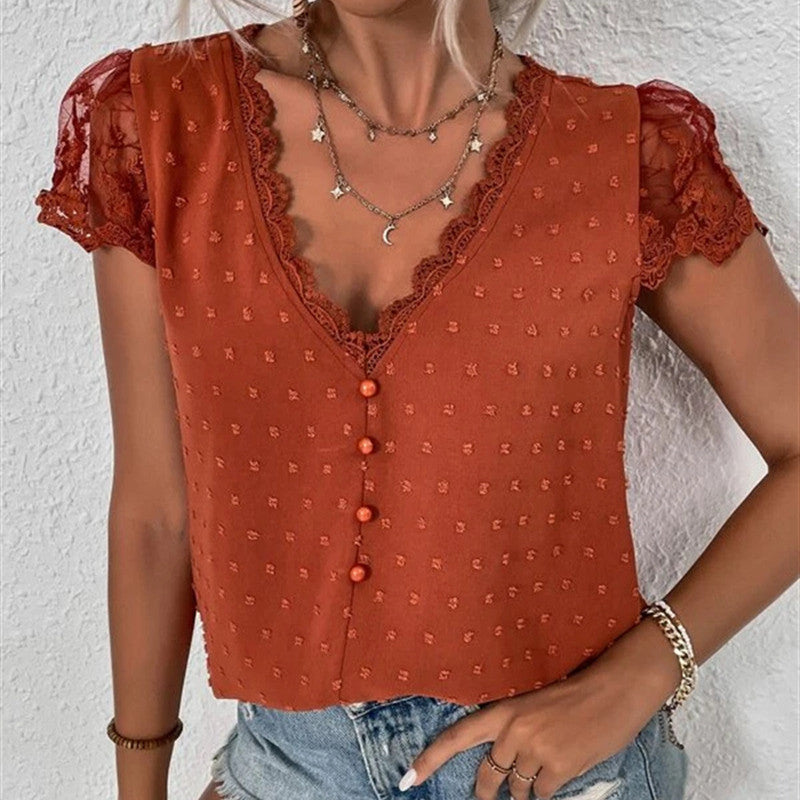 Women’s V-Neck Short Lace Sleeve Top with Decorative Buttons in 3 Colors S-XXL - Wazzi's Wear