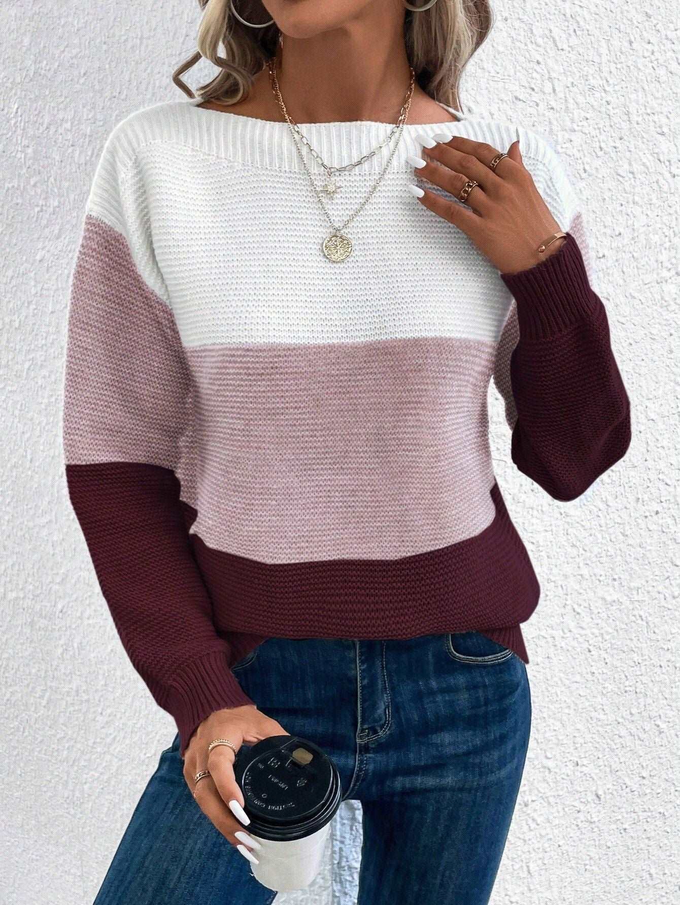 Women's Round Neck Long Sleeve Colorblock Sweater in 8 Colors S-XL