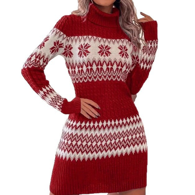 Knitted Red And White High-neck Color-block Women's Sweater Dress