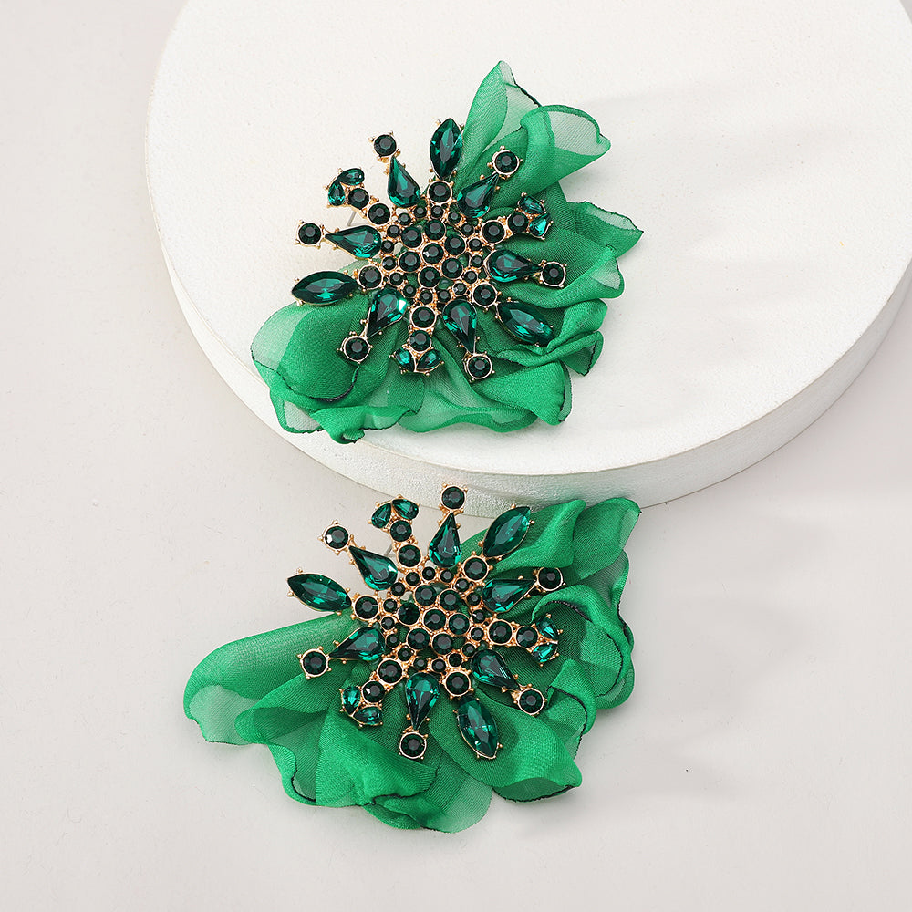 Rhinestone Chiffon Flower Stud Earrings For Women Colorful Crystal Bohemian Statement Jewelry For Party Prom Summer Beach Vacation