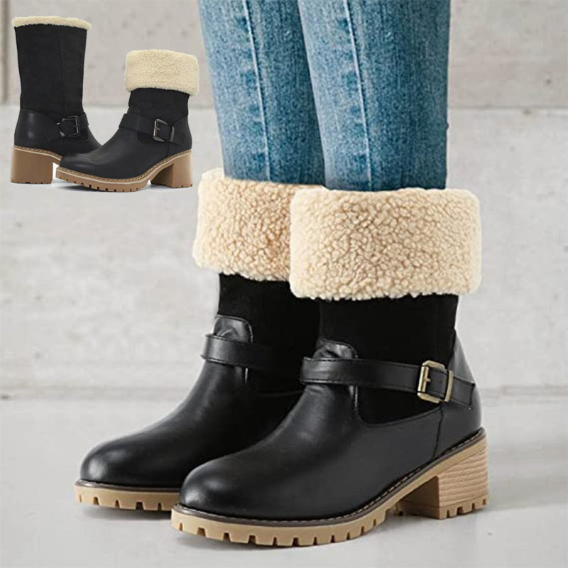 Women’s Plush Slip-On Mid-Calf Boots with Chunky Heel and Buckle