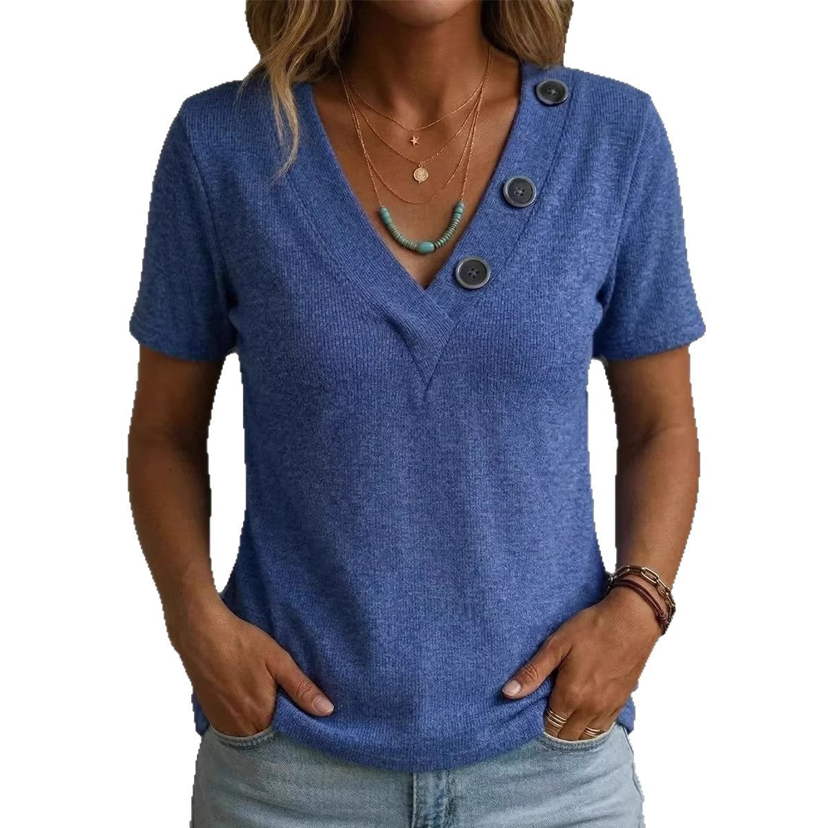 Women's Casual V-Neck Short-Sleeve T-Shirt With Buttons