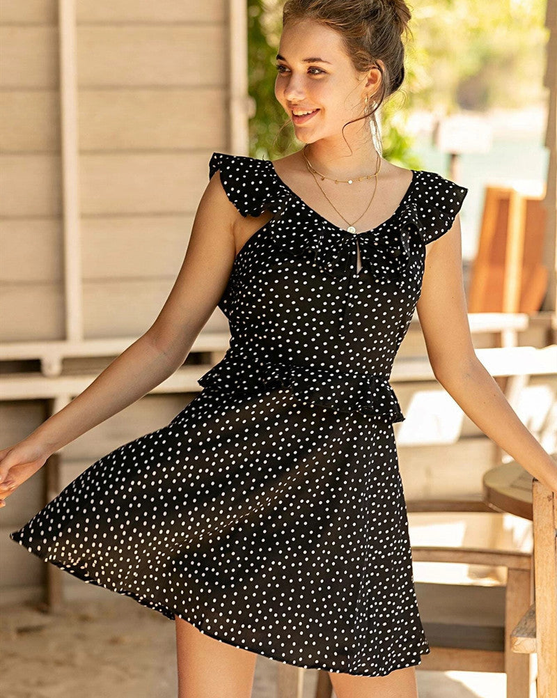 Polka Dot Ruffled Backless Chiffon A-Line Dress High Waist Skirt