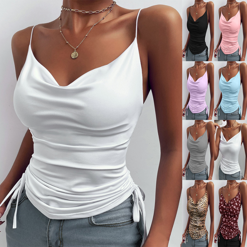 Women’s V-Neck Camisole Tank Top with Drawstring in 8 Colors S-XXL - Wazzi's Wear