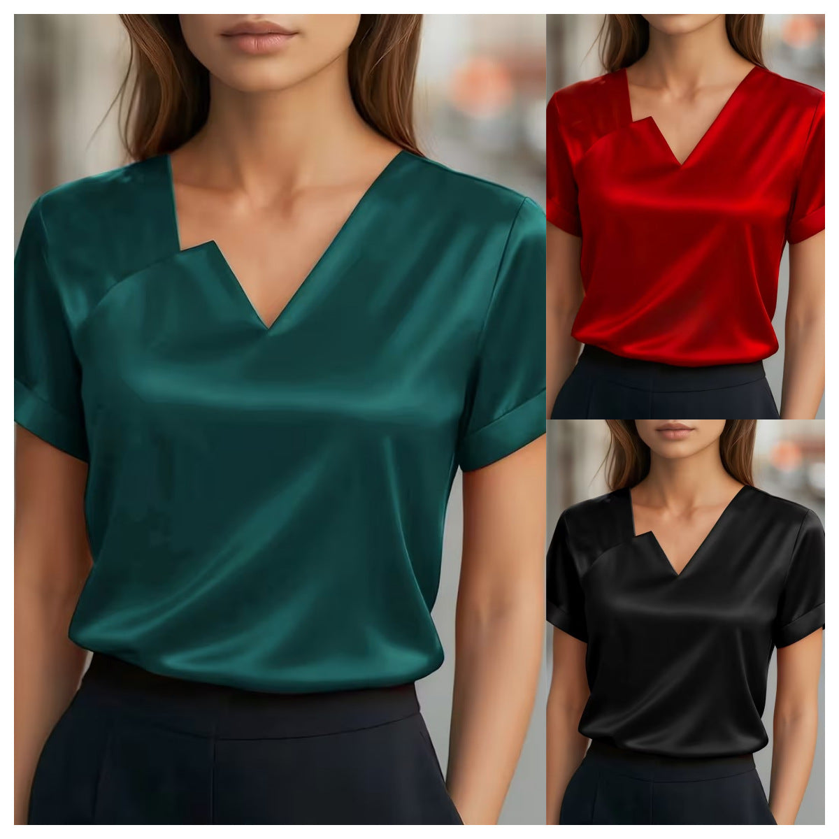 Satin Asymmetric V-Neck Short-Sleeve Shirt For Women