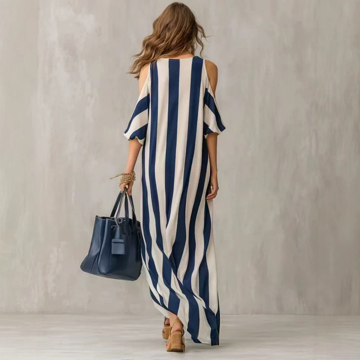 Off-Shoulder Color-Block Stylish Striped Long Split Casual Dress
