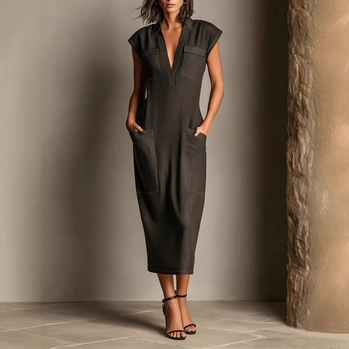 Stand-up Collar Sleeveless Casual Loose-fit Cotton-linen Dress