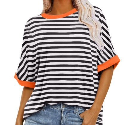 Striped Crewneck Trendy Short-sleeve Color-block Pullover