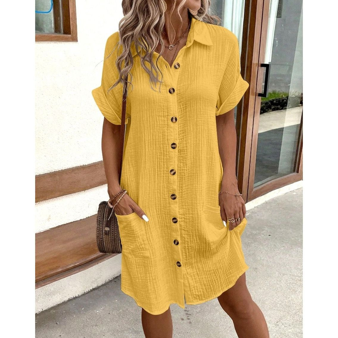 Solid Color Linen Cotton Button Down Loose Shirt Dress