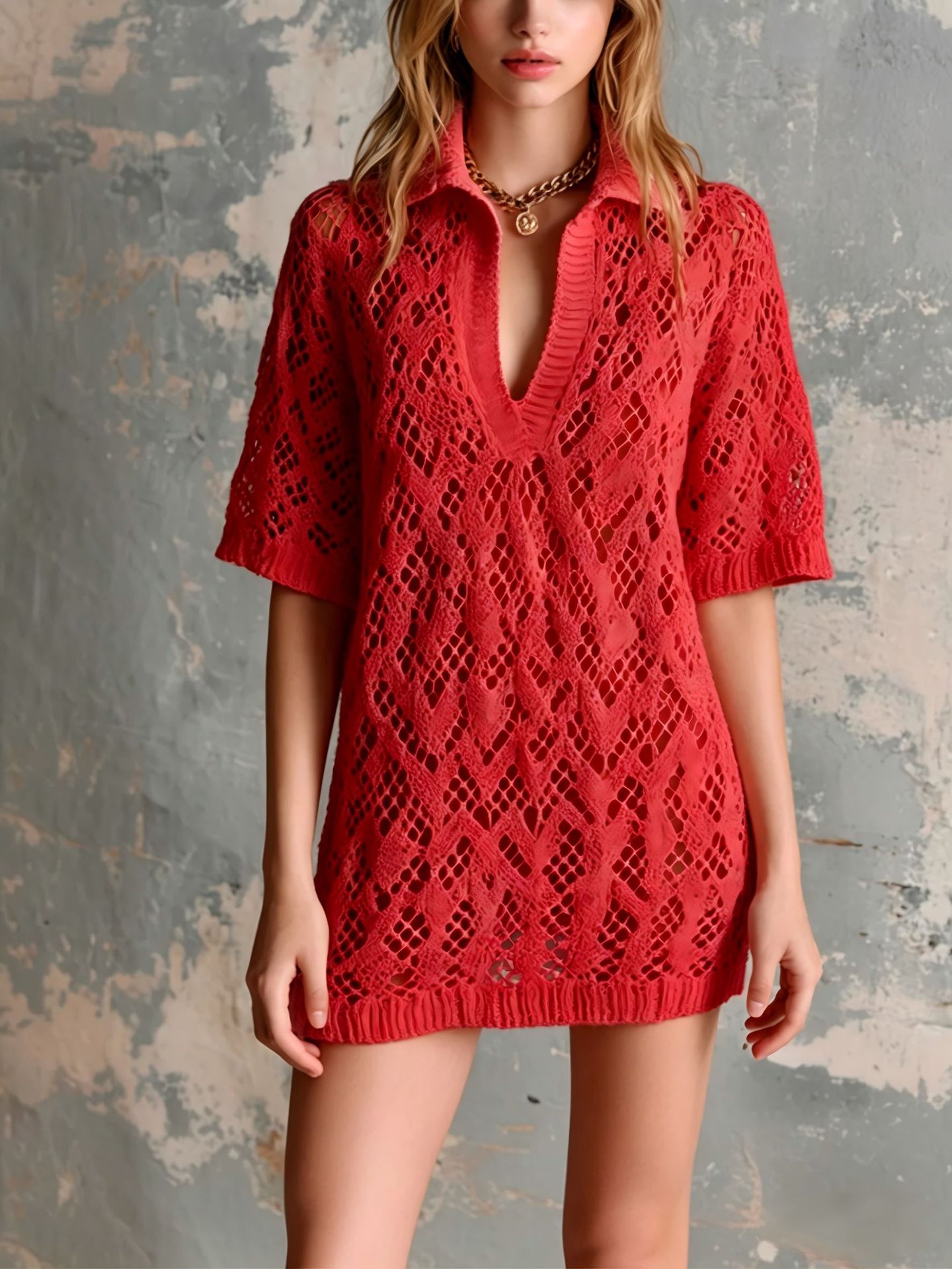 V-neck Short-sleeve Loose Hollow-out Knit Mini Dress
