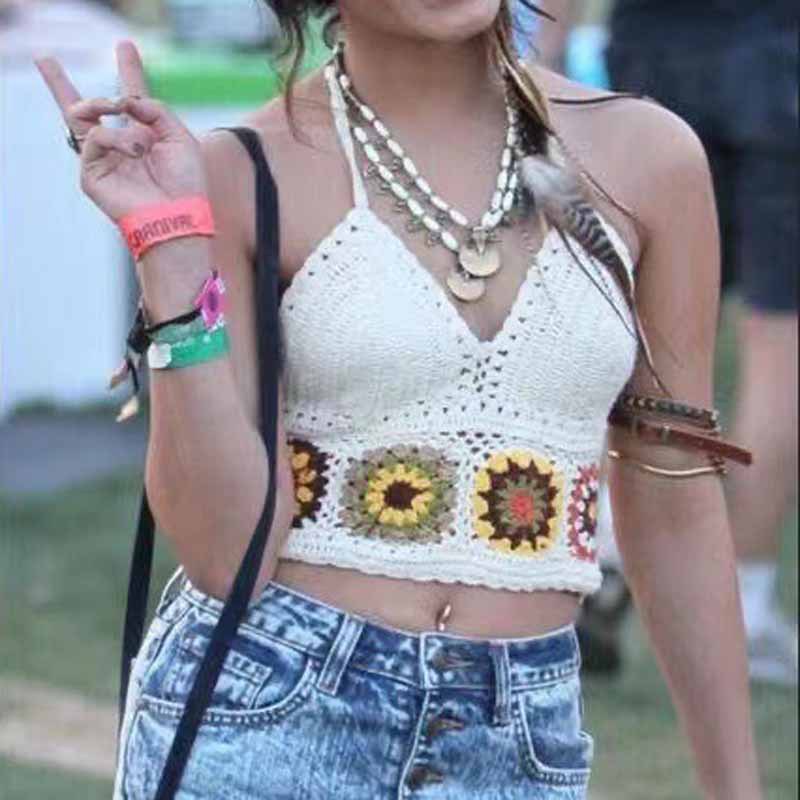 Knitted Sling Short Women's Top Backless Hollow-out Halter Embroidered Vest