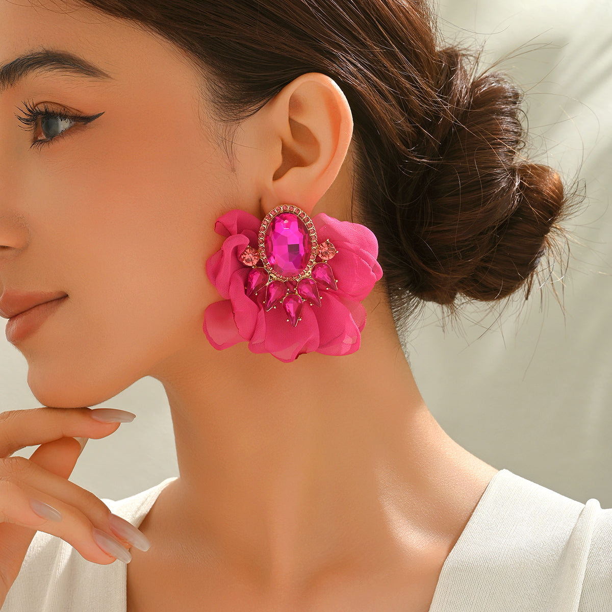 Handmade Coloful Glass Chiffon Flower Stud Earrings For Women Bold Fashion Jewelry Party Prom Vacation