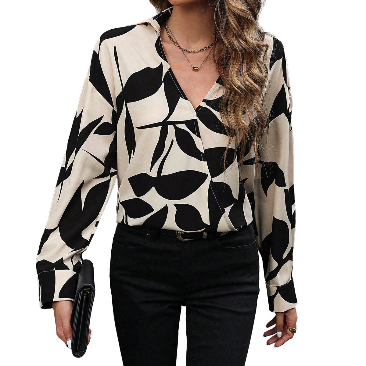 Printed V-Neck Long-Sleeve Loose Casual Fashion Top