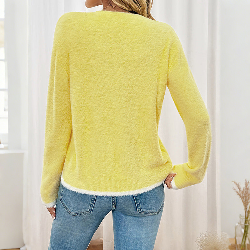 European And American Color Matching V-neck Bow Cardigan Sweater Coat Women's Clothing