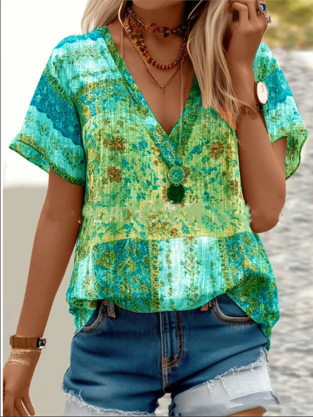 Women's Boho V-Neck Short Sleeve Top