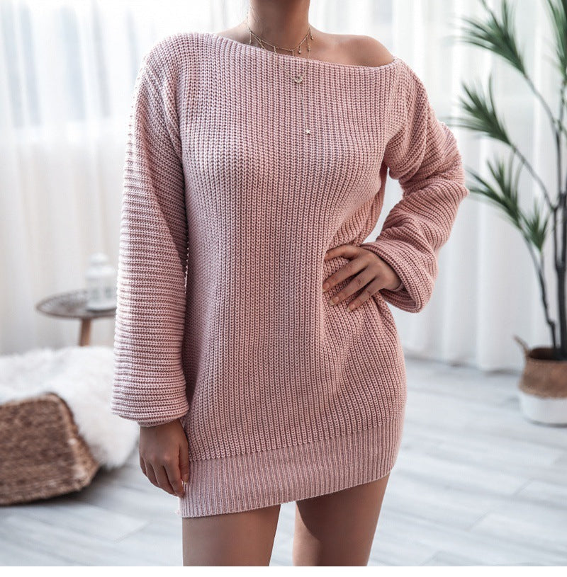 Women's Solid Color Casual Off-the-shoulder Lantern Sleeve Knitted Sweater Dress