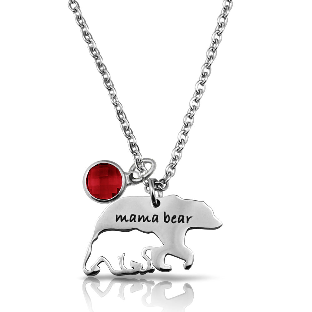 Women’s Stainless Steel Mama Bear Necklace with Gemstone in 6 Colors - Wazzi's Wear