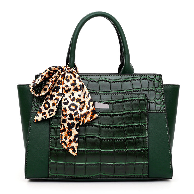 Women’s Crocodile Pattern Hand Shoulder Bag with Tied Leopard Silk Scarf in 9 Colors - Wazzi's Wear