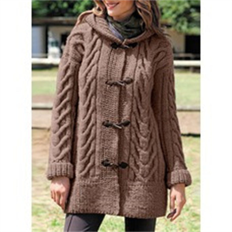 Women's Warm Knitted Button Wool Jacket with Hood in 3 Colors S-5XL - Wazzi's Wear