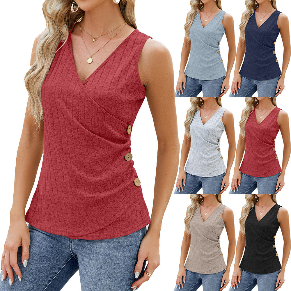 Women’s V-Neck Tank Top with Side Button Detail in 6 Colors S-XXL - Wazzi's Wear