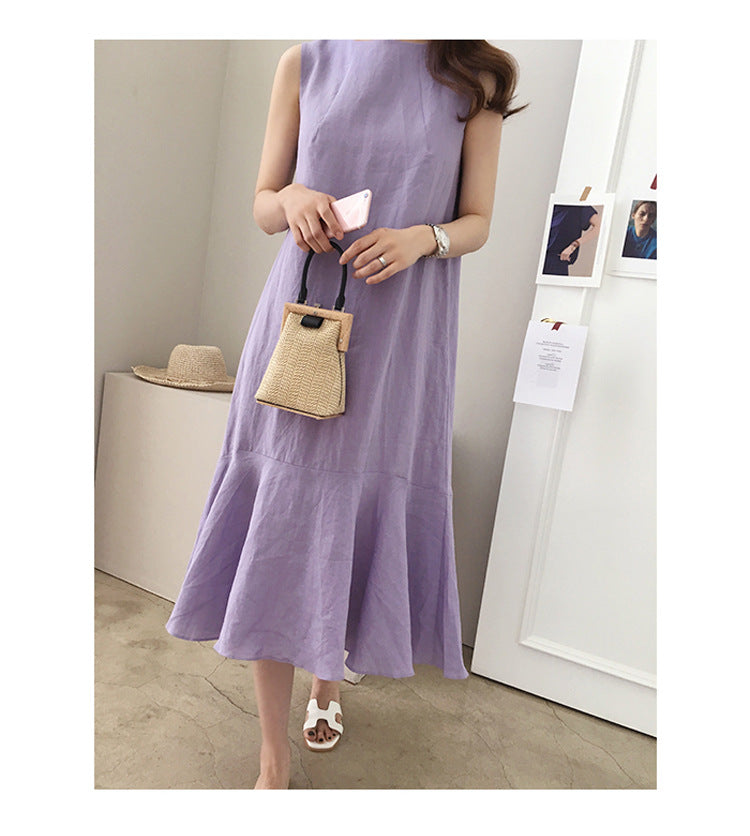 Taro Purple Linen Dress Casual Sleeveless Loose Slimming Fishtail