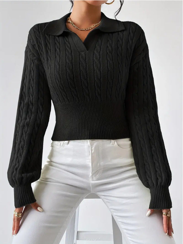 Solid Colour V-Neck Cropped Sweater with Lapel in black, featuring loose fit long sleeves and V-neck design.