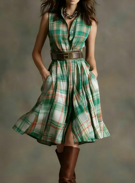 Plaid Collared Sleeveless Fitted Waist Dress