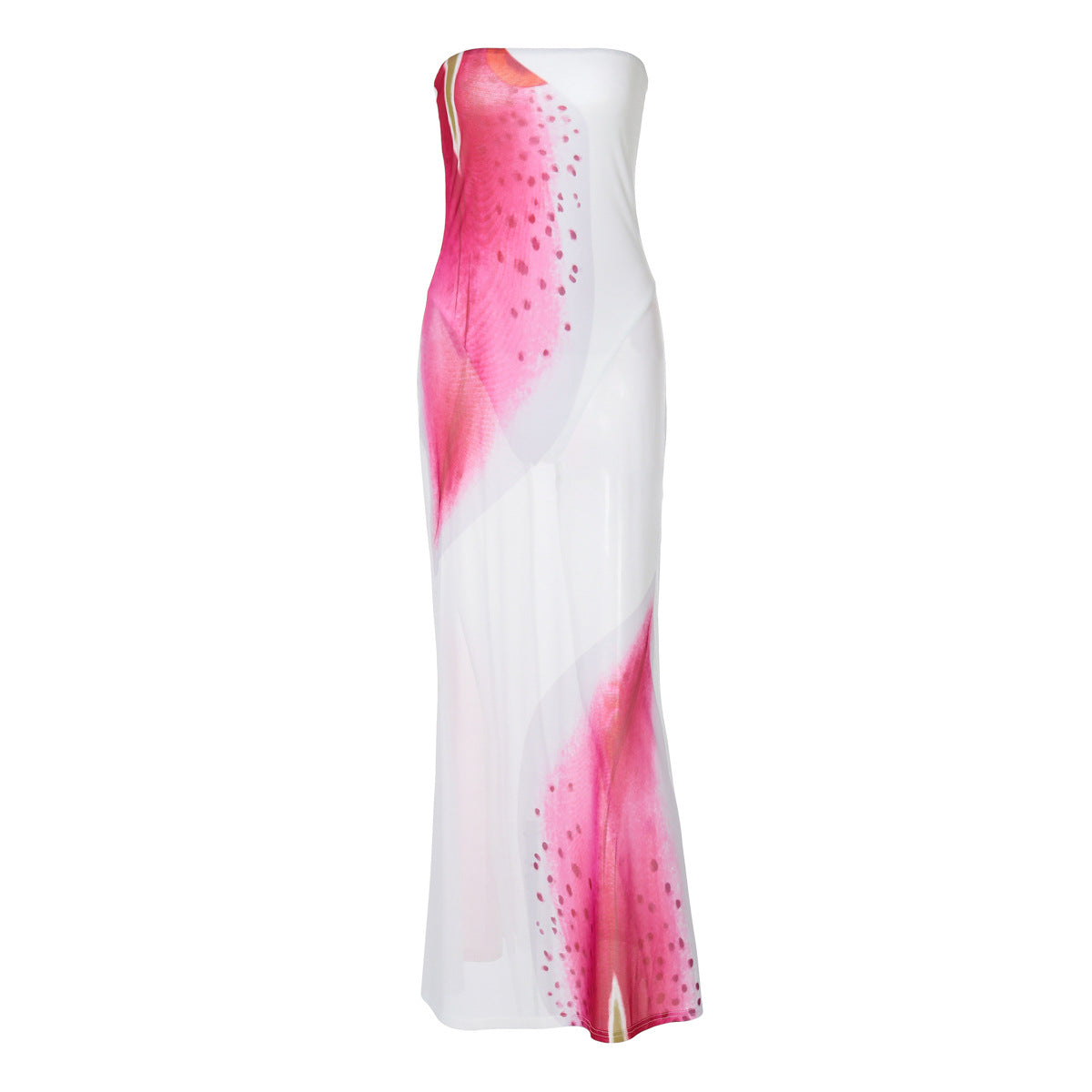 Summer Floral Print Tube Top Slit Bodycon Mesh Dress For Women