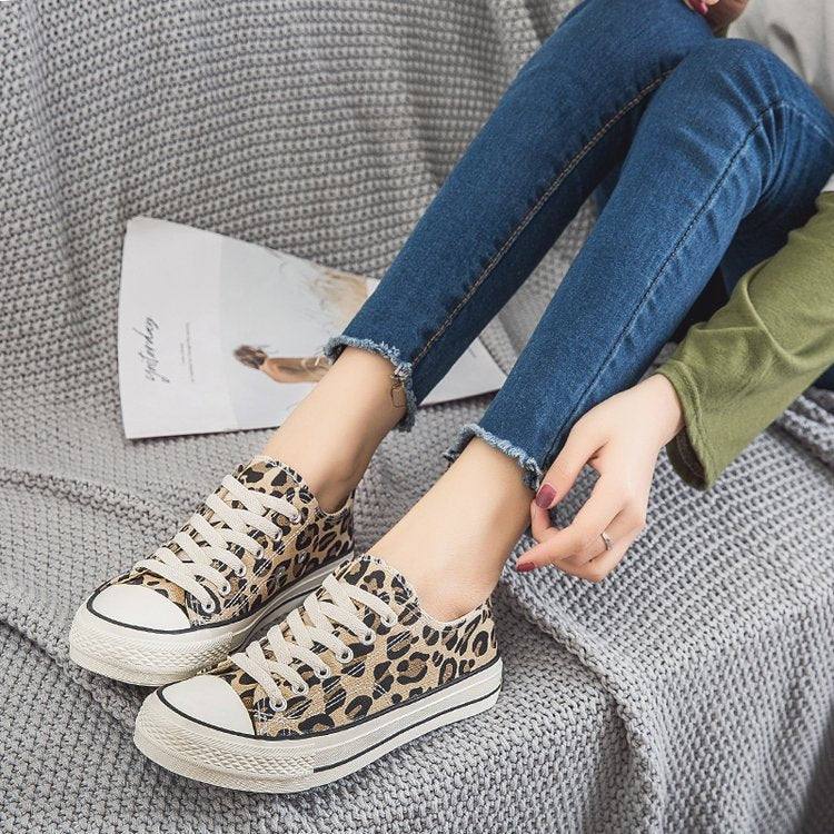 Women’s Lace Up Leopard Print Canvas Sneakers - Wazzi's Wear