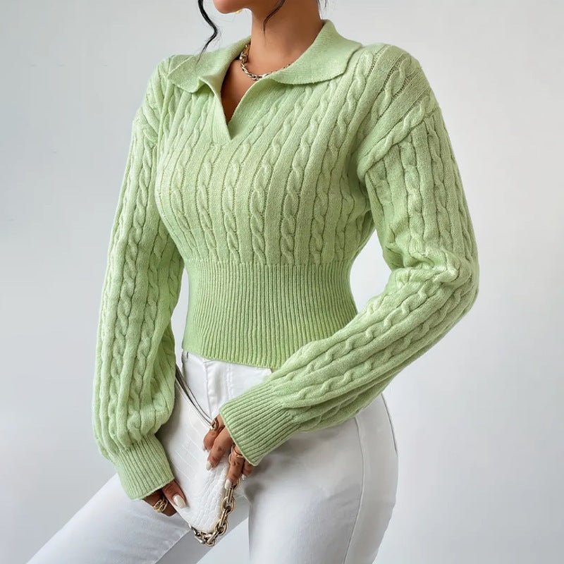 Solid colour V-neck cropped sweater with lapel in light green, stylish and versatile.