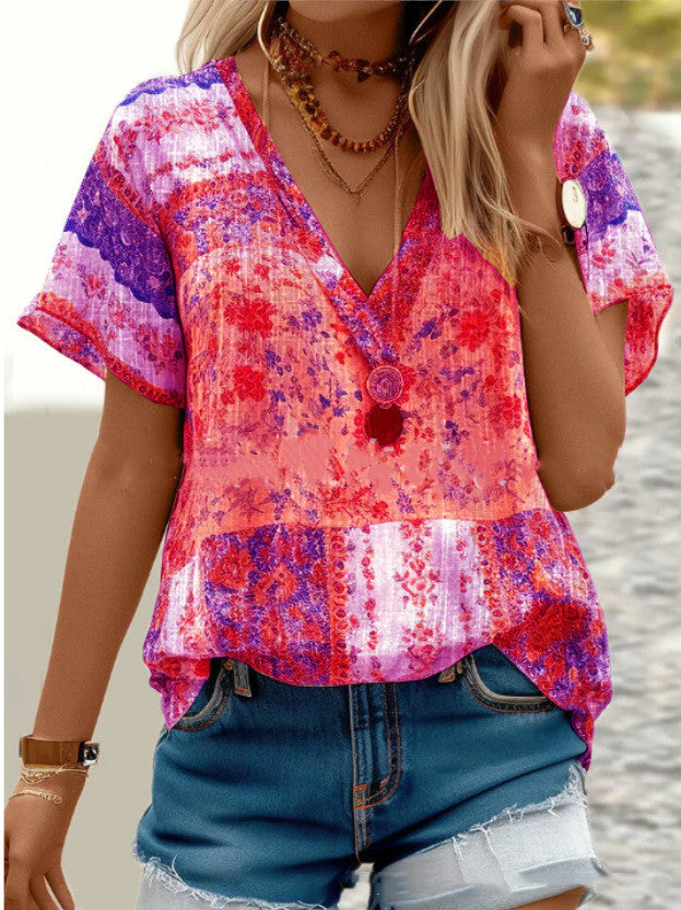 Women's Boho V-Neck Short Sleeve Top