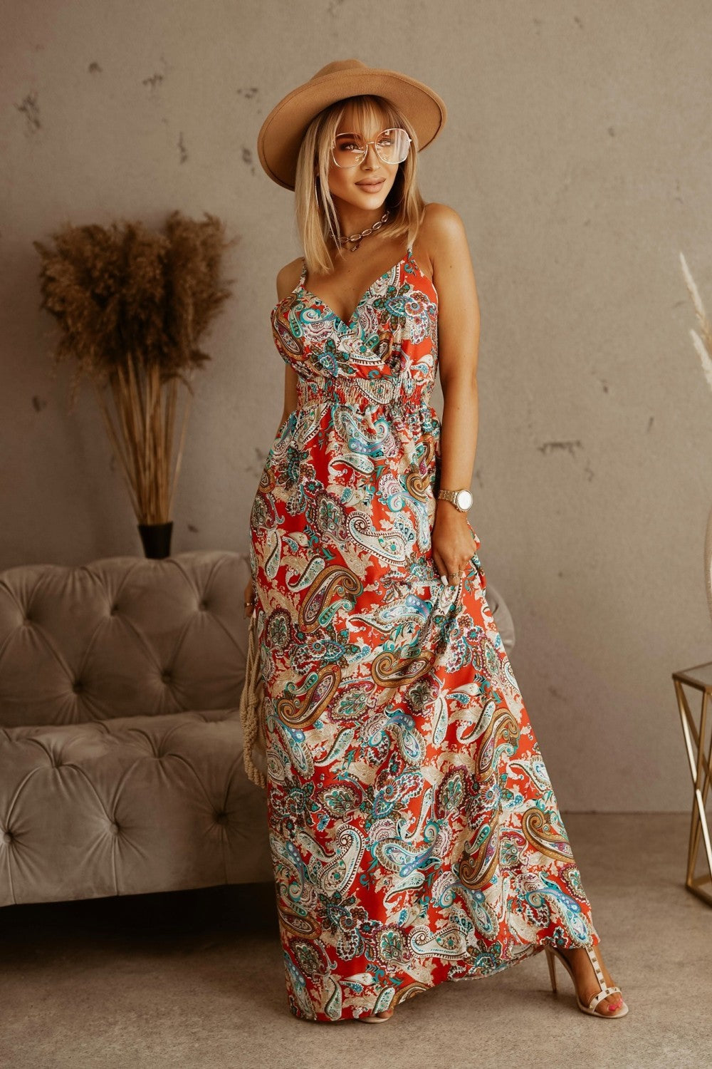 V-Neck Sleeveless Boho Maxi Dress with Spaghetti Straps