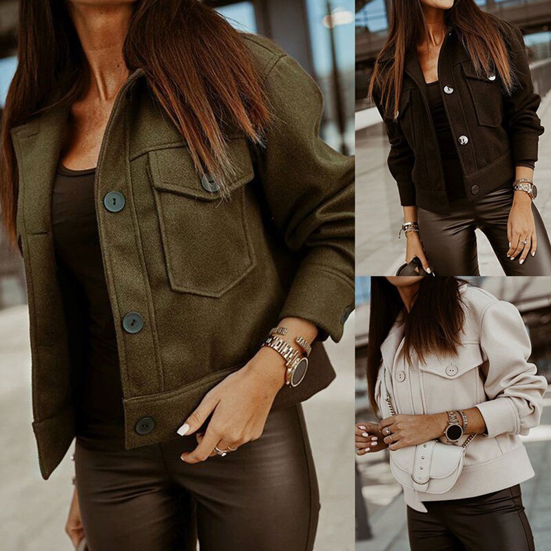 Women’s Cropped Woolen Long Sleeve Jacket with Pockets in 3 Colors S-XXL - Wazzi's Wear