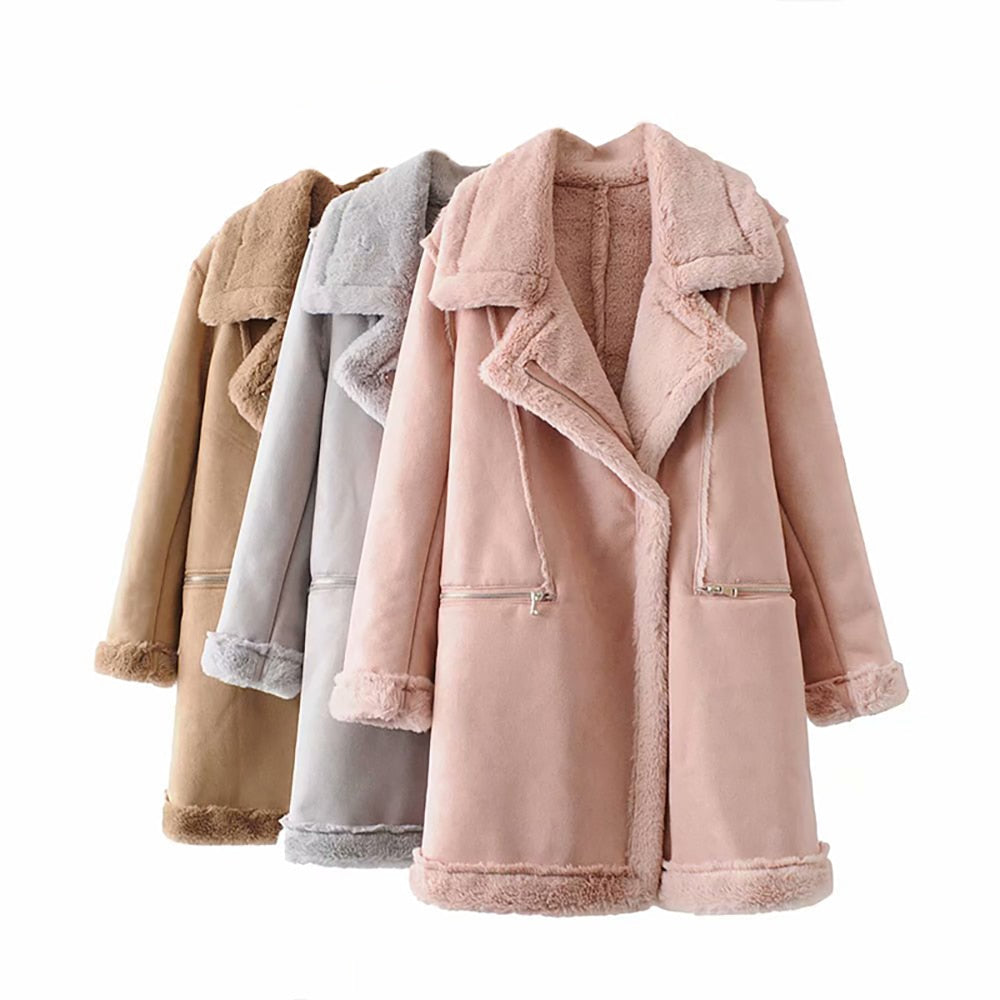 Women's Suede Mid-Length Coat with Warm Lambswool Lining