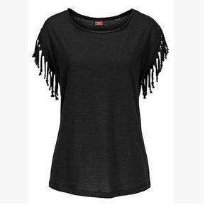 Women’s Round Neck Short Sleeve Top with Tassels in 7 Colors S-5XL - Wazzi's Wear