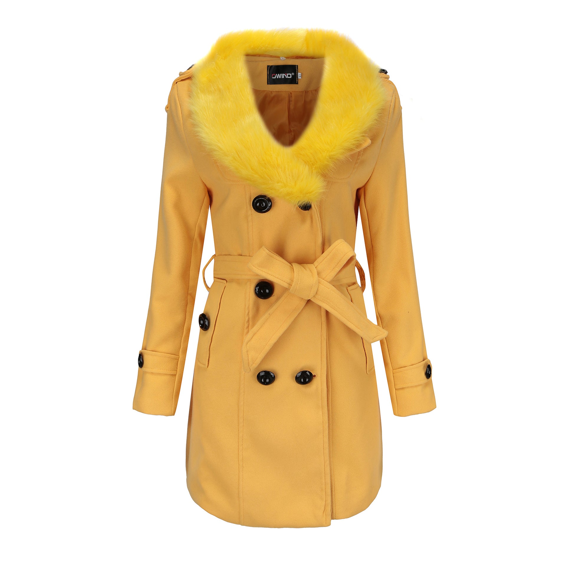 Women’s Woolen Mid Length Coat with Fur and Waist Tie in 7 Colors M-5XL - Wazzi's Wear