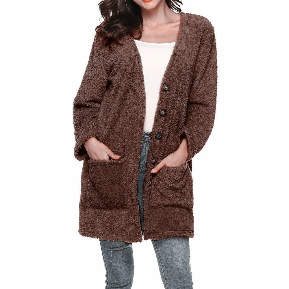 Women’s Mid-Length Plush Cardigan with Pockets in 8 Colors  S-5XL - Wazzi's Wear