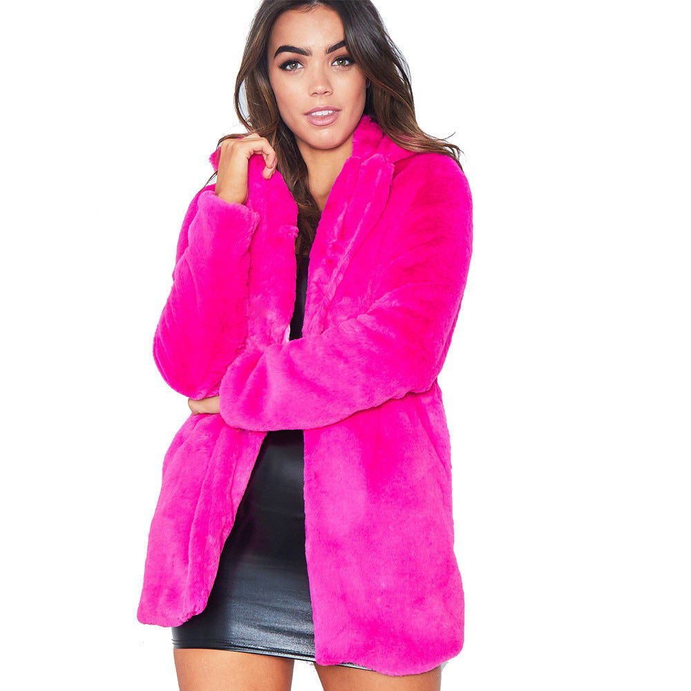 Women’s Faux Fur Coat with Lapel and Pockets