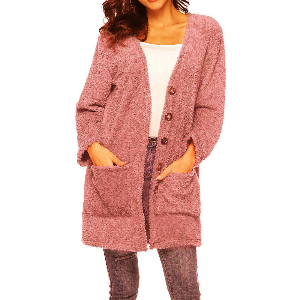 Women’s Mid-Length Plush Cardigan with Pockets in 8 Colors  S-5XL - Wazzi's Wear