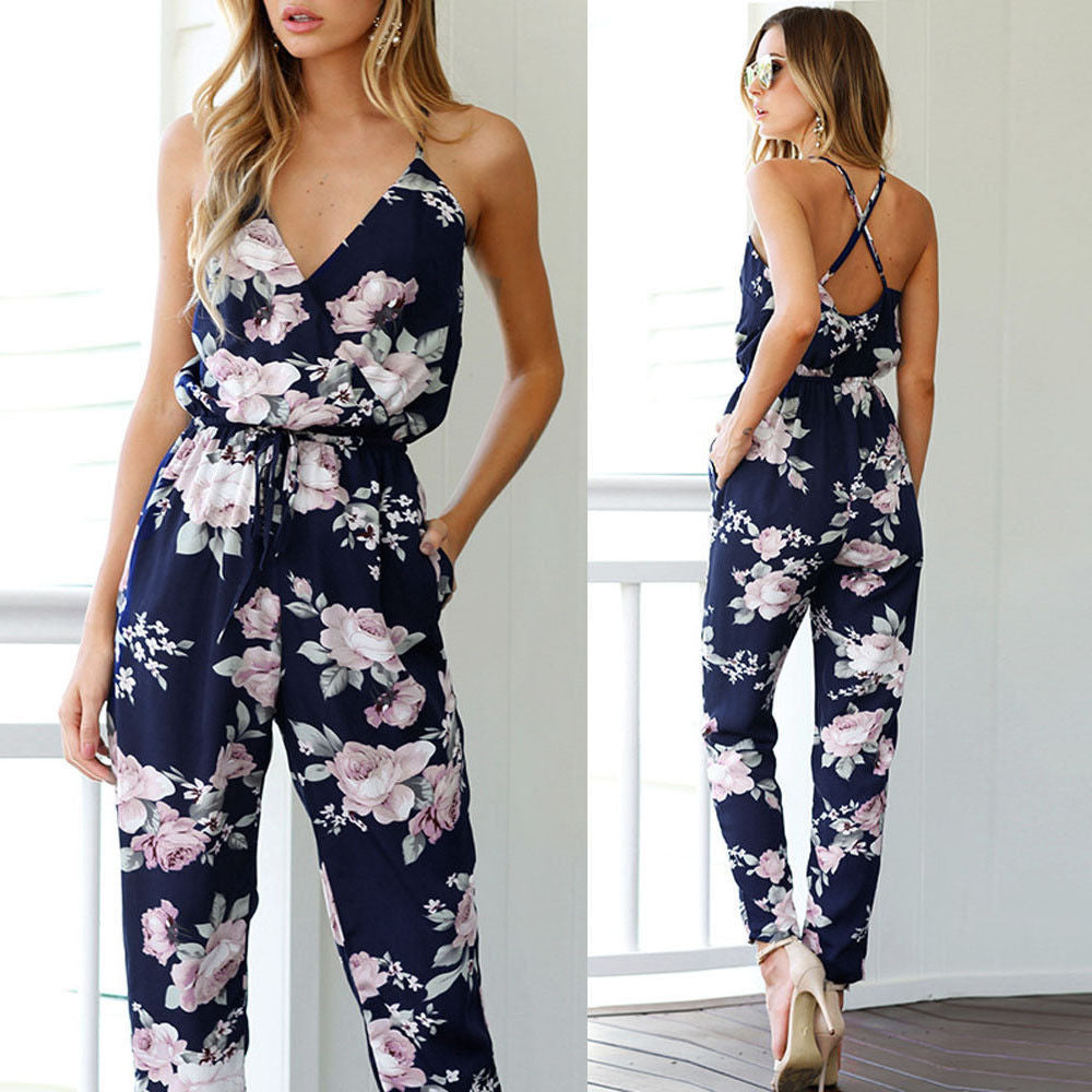 Women’s Sleeveless Floral Jumpsuit with Pockets and Spaghetti Straps in 4 Colors S-5XL - Wazzi's Wear