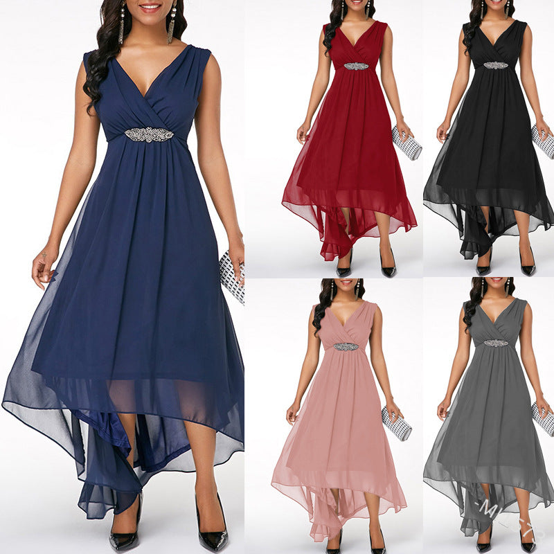 Women’s V-Neck Chiffon Sleeveless Dress in 5 Colors S-5XL - Wazzi's Wear
