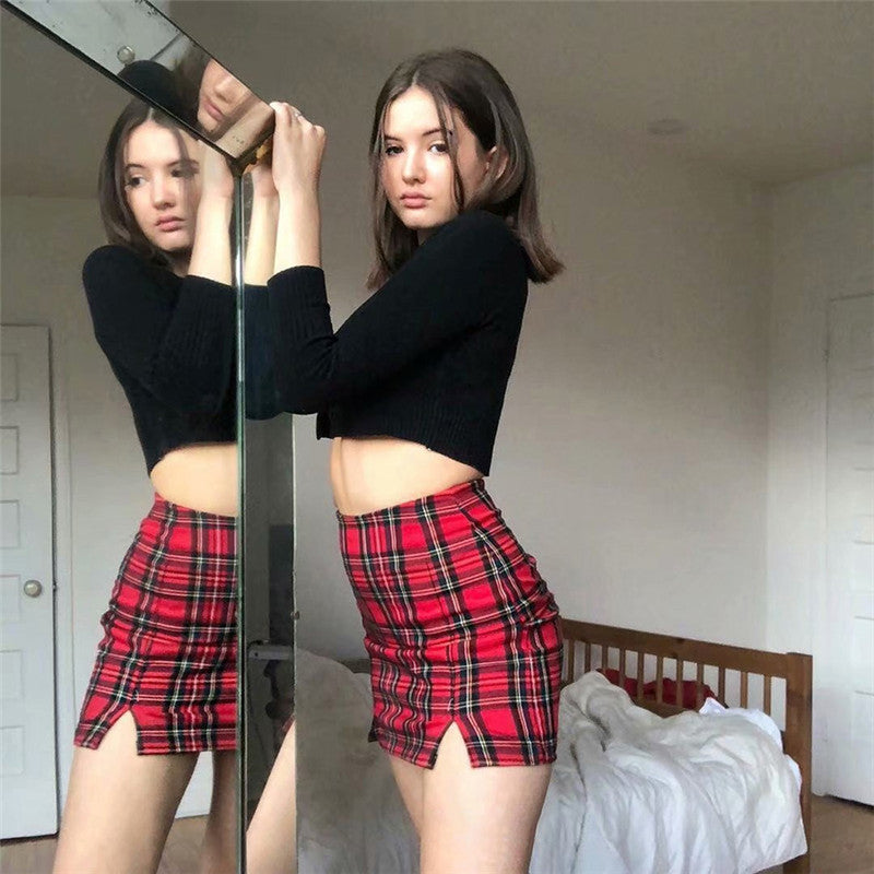 Summer New Style Foreign Trade Plaid Hem Slit Bag Hip Thin Skirt Short Skirt
